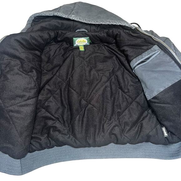 Vintage Cabelas Men faded black Insulated Canvas Chore Work Coat Hooded size  XL - Picture 2 of 10